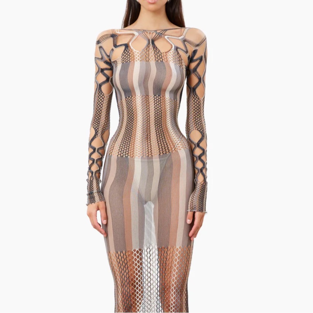 Sheer Multi-Stripe Long Sleeve Bodycon Dress - Nude Tones